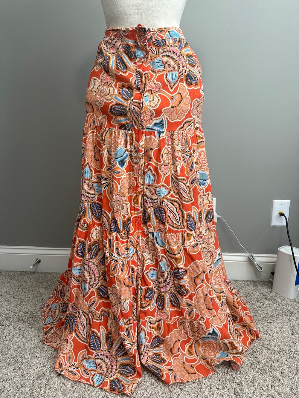 MISA Los Angeles - Bohemian Orange Floral Tiered Maxi Skirt - Size XS